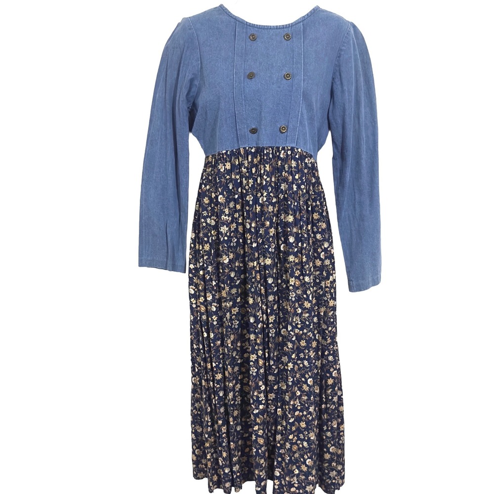 VTG 90s Picture Me by Ruth Floral Denim Mixed Media Dress USA Sz 16/11 see meas.